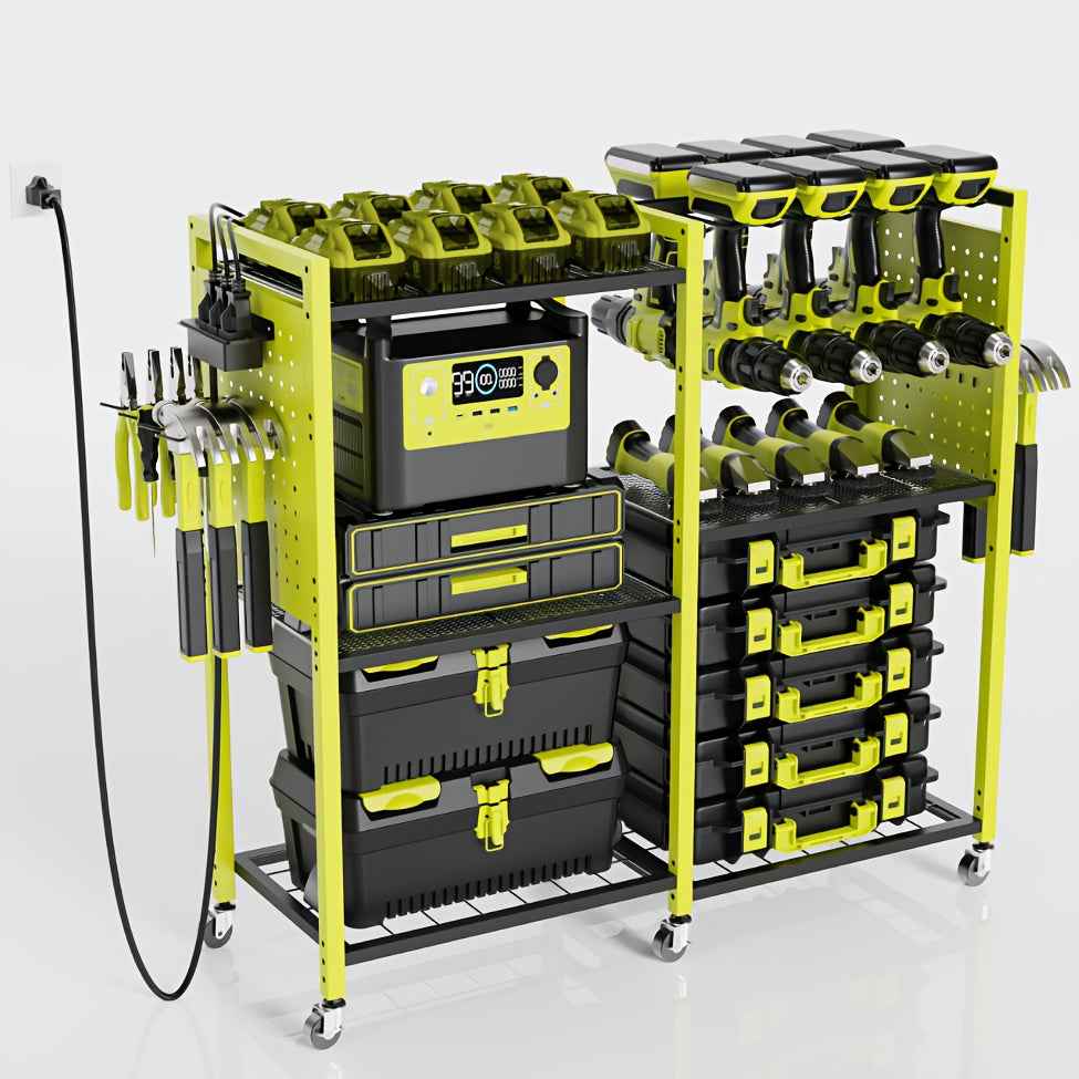 Geawokyie Power Tool Organizer With Charging Station, Rolling Tool Cart On Wheels With 12 Drills Holders, 5 Storage Shelves, Utility Rack Tool Box With Battery Charging Power Strip For Garage, Workshop, Other (Tool Organizers