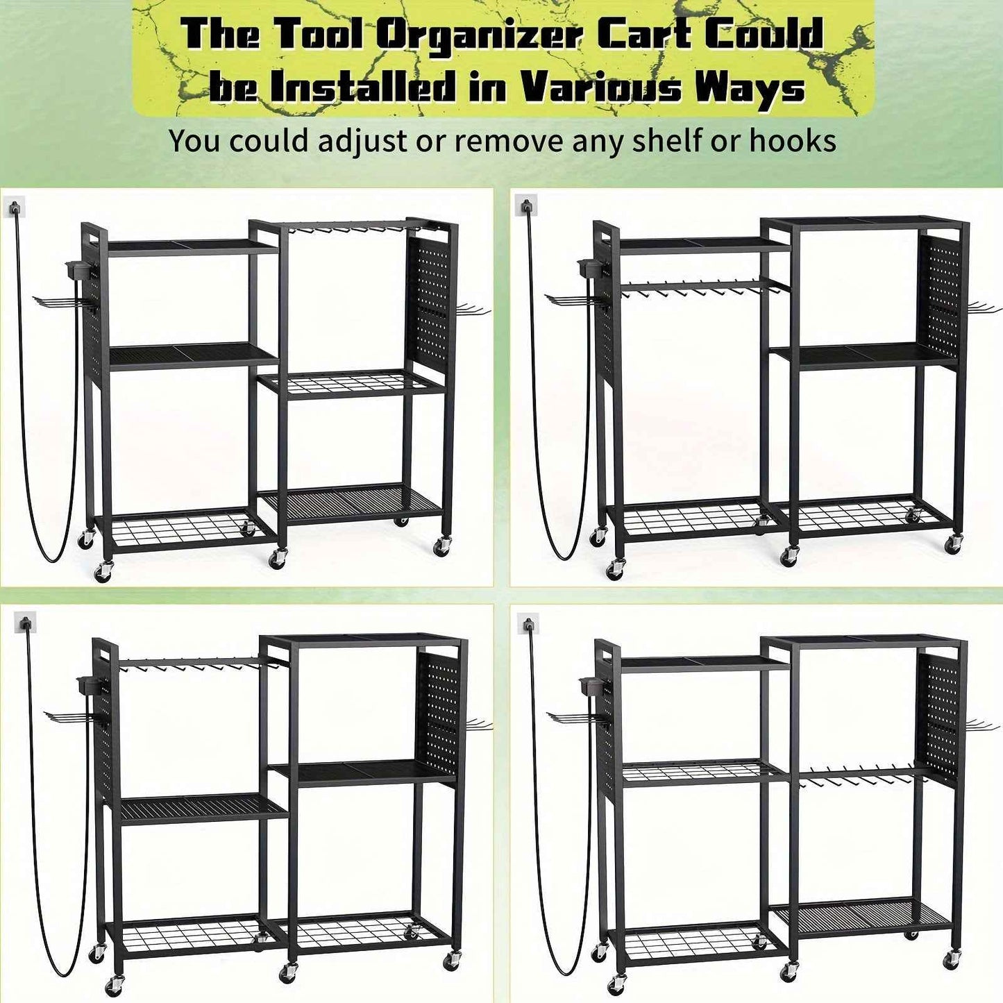 Geawokyie Power Tool Organizer With Charging Station, Rolling Tool Cart On Wheels With 12 Drills Holders, 5 Storage Shelves, Utility Rack Tool Box With Battery Charging Power Strip For Garage, Workshop, Other (Tool Organizers
