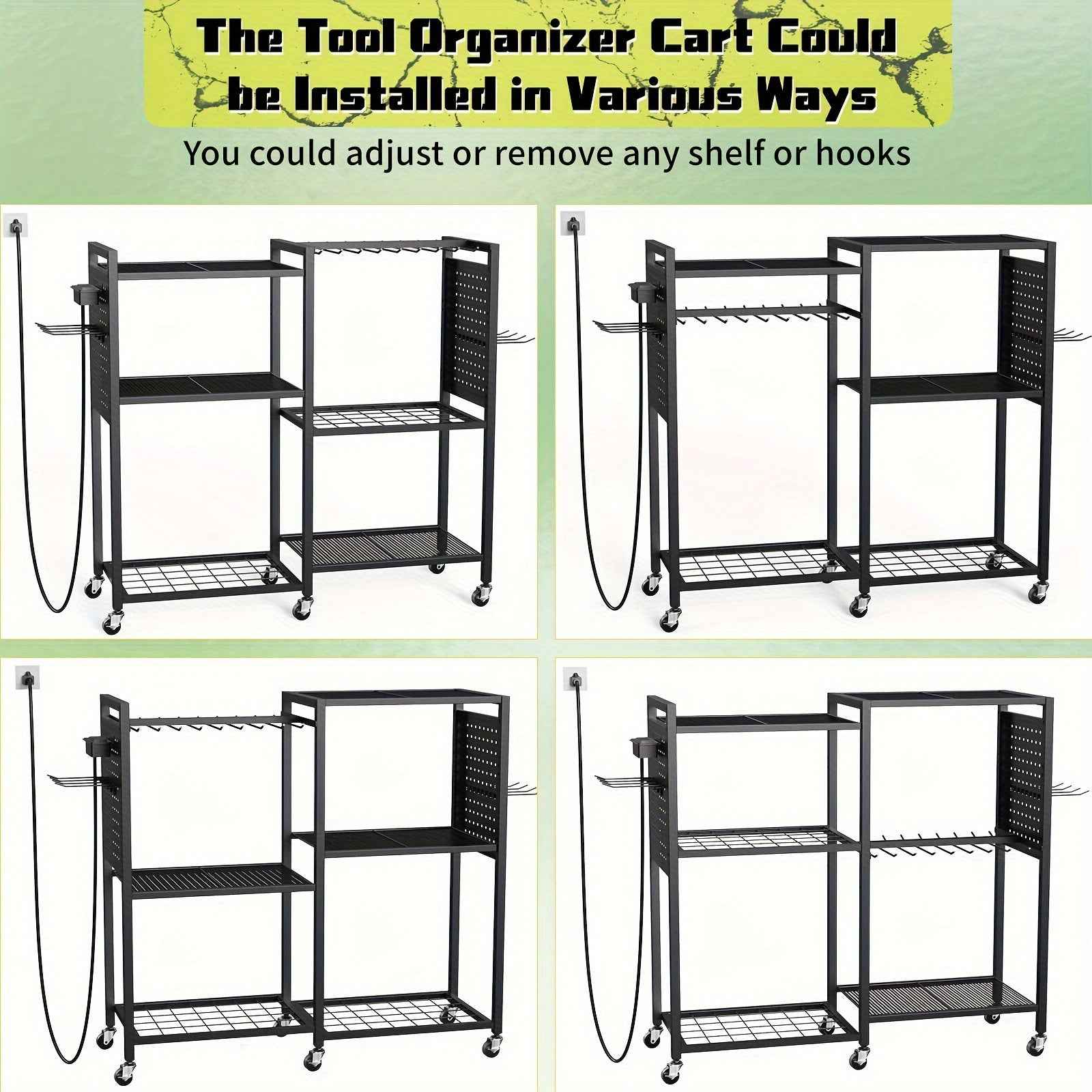Geawokyie Power Tool Organizer With Charging Station, Rolling Tool Cart On Wheels With 12 Drills Holders, 5 Storage Shelves, Utility Rack Tool Box With Battery Charging Power Strip For Garage, Workshop, Other (Tool Organizers