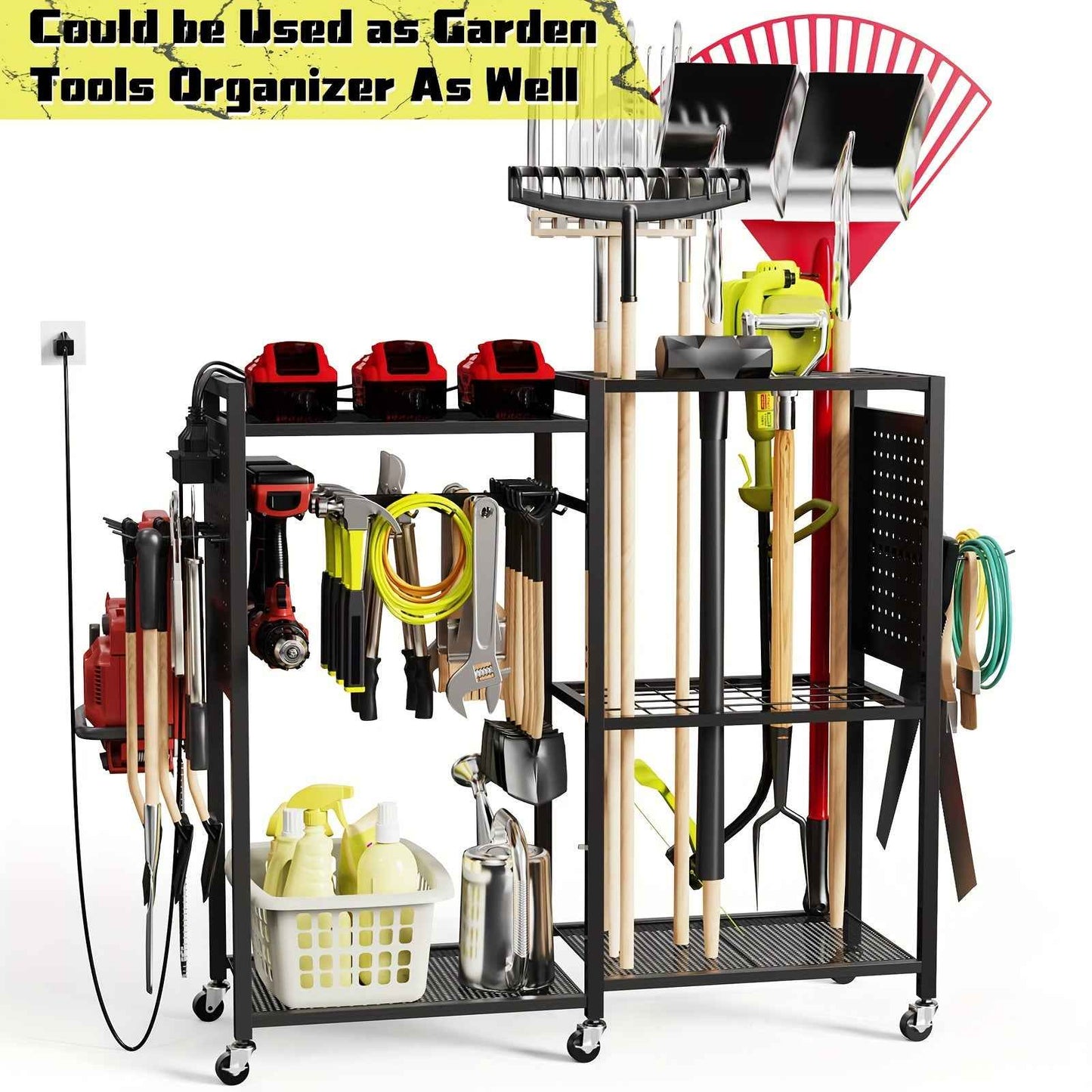 Geawokyie Power Tool Organizer With Charging Station, Rolling Tool Cart On Wheels With 12 Drills Holders, 5 Storage Shelves, Utility Rack Tool Box With Battery Charging Power Strip For Garage, Workshop, Other (Tool Organizers