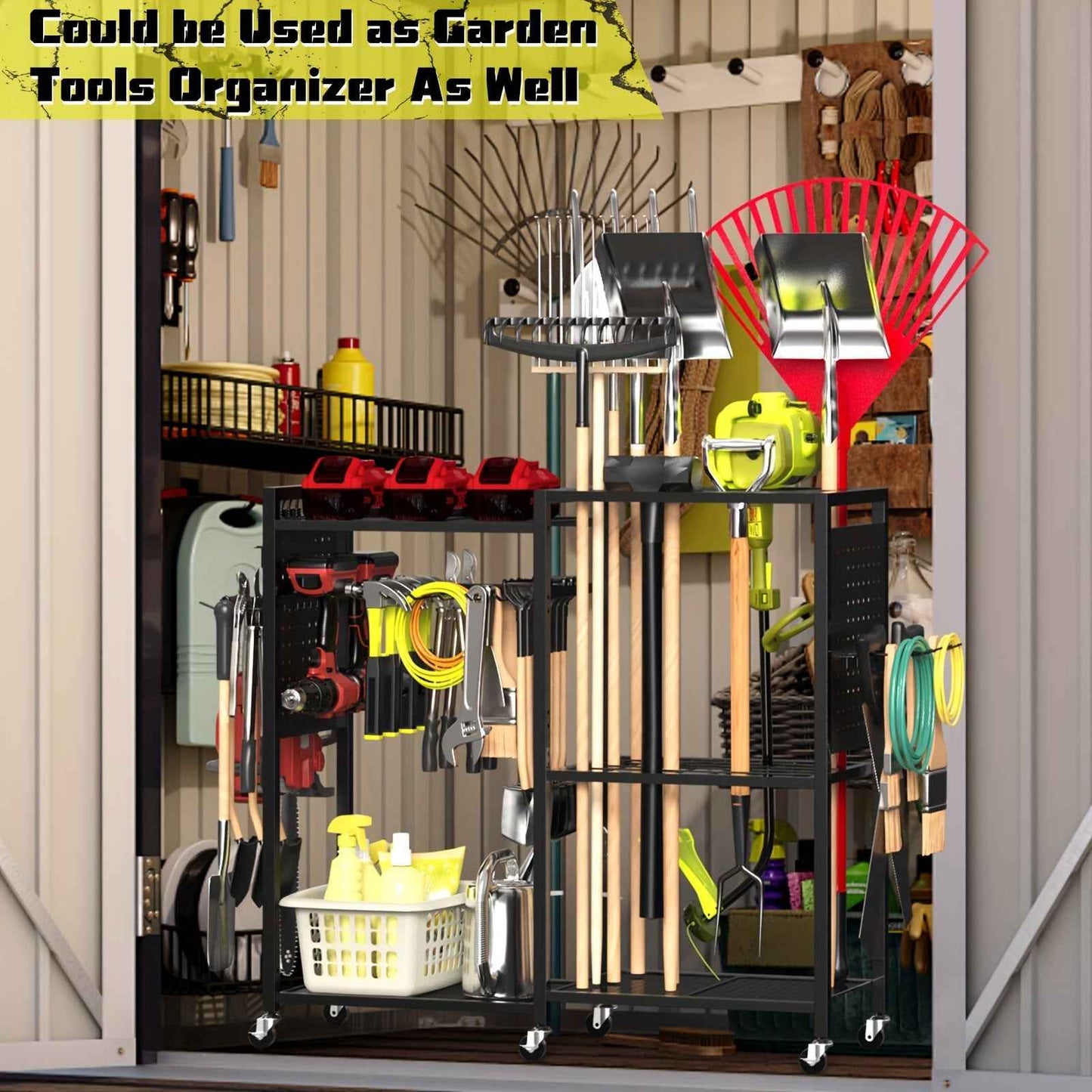 Geawokyie Power Tool Organizer With Charging Station, Rolling Tool Cart On Wheels With 12 Drills Holders, 5 Storage Shelves, Utility Rack Tool Box With Battery Charging Power Strip For Garage, Workshop, Other (Tool Organizers