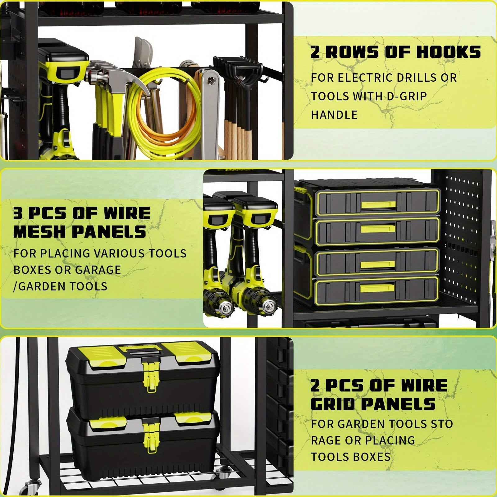 Geawokyie Power Tool Organizer With Charging Station, Rolling Tool Cart On Wheels With 12 Drills Holders, 5 Storage Shelves, Utility Rack Tool Box With Battery Charging Power Strip For Garage, Workshop, Other (Tool Organizers