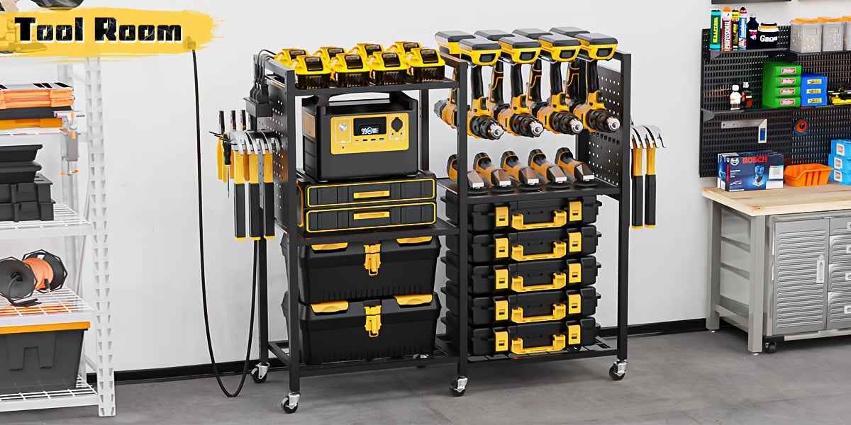 Geawokyie Power Tool Organizer With Charging Station, Rolling Tool Cart On Wheels With 12 Drills Holders, 5 Storage Shelves, Utility Rack Tool Box With Battery Charging Power Strip For Garage, Workshop, Other (Tool Organizers
