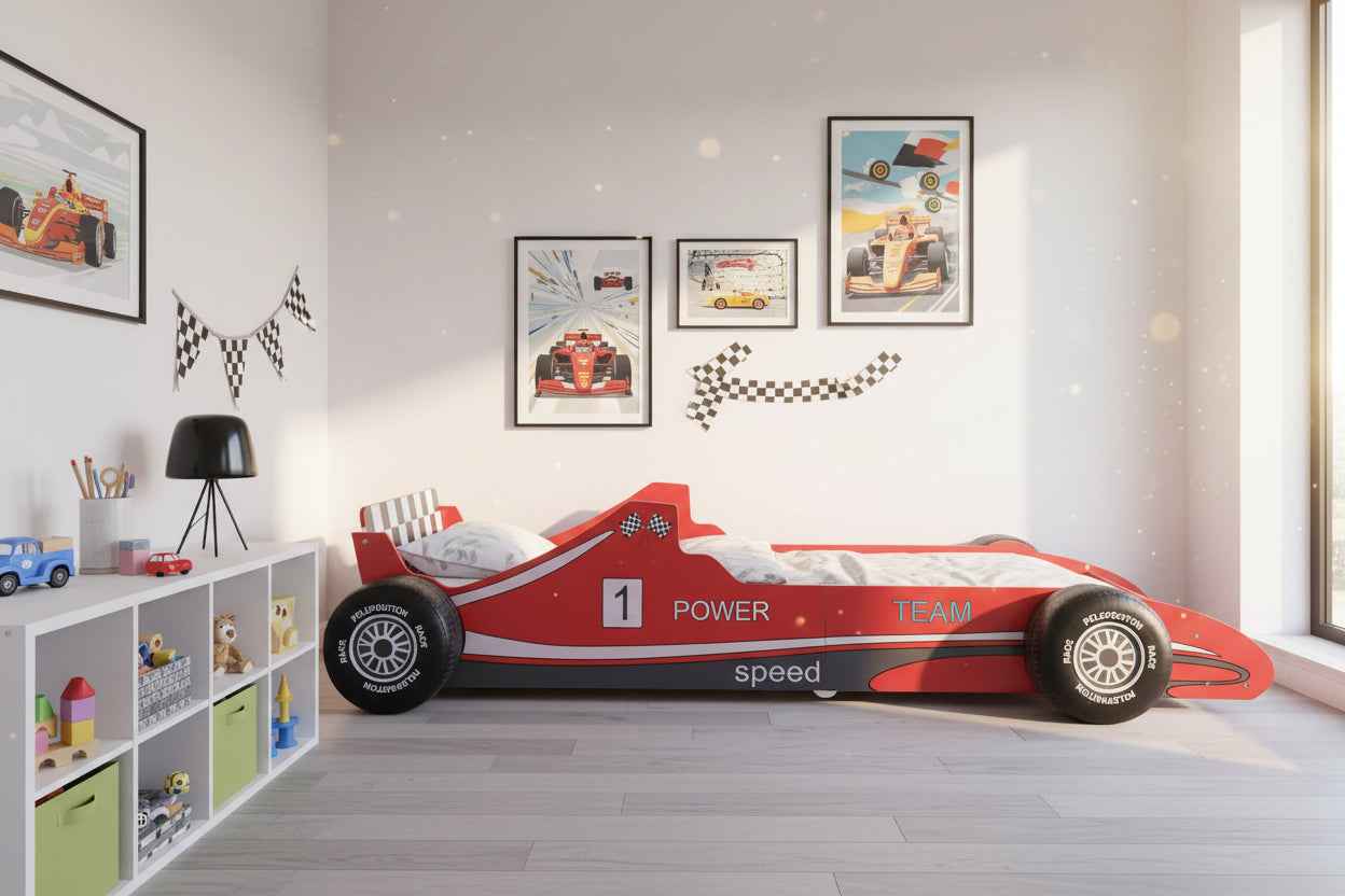 Letto per Bambini a Forma di Auto da Corsa – 90x200 cm | MDF Robusto | Blu o Rosso
