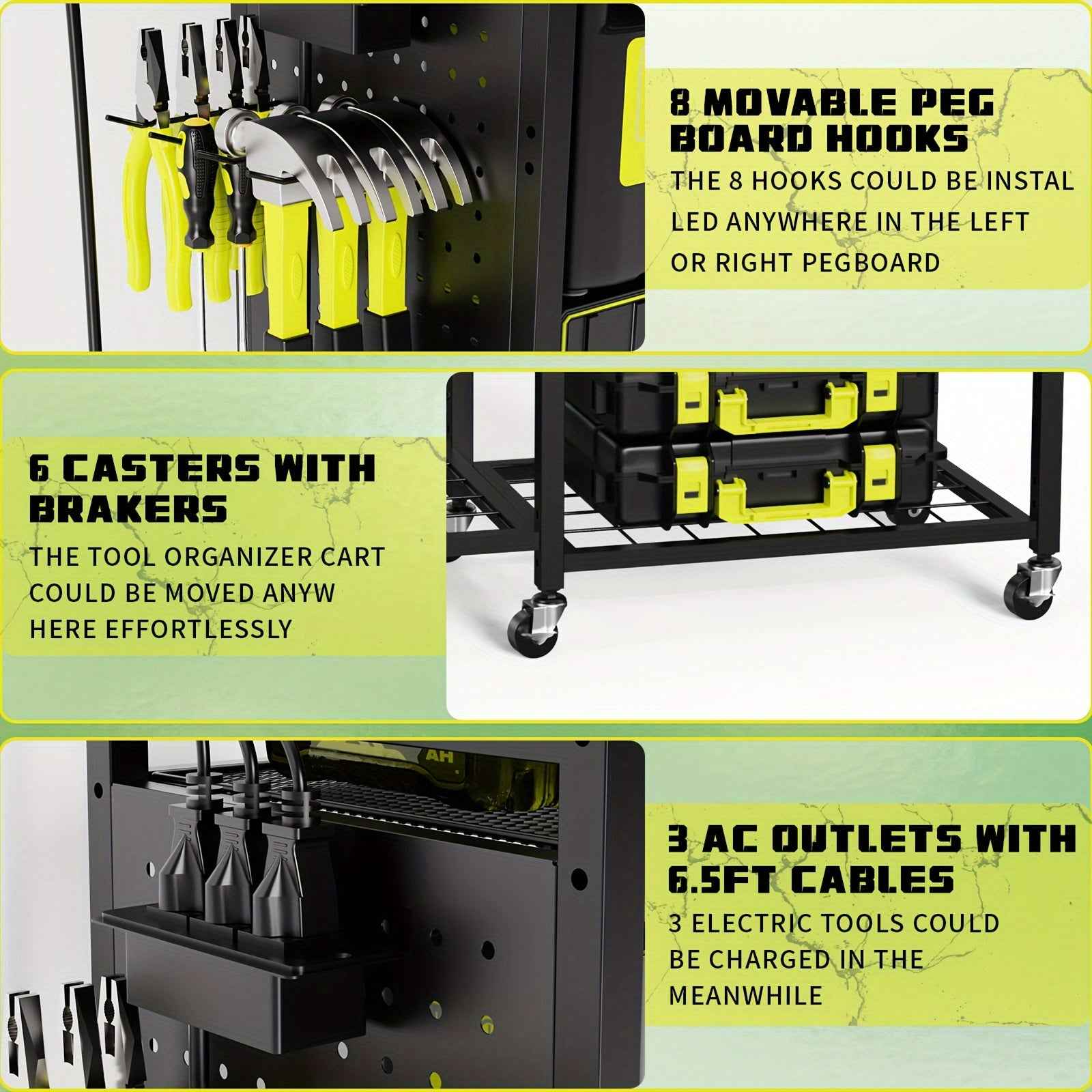 Geawokyie Power Tool Organizer With Charging Station, Rolling Tool Cart On Wheels With 12 Drills Holders, 5 Storage Shelves, Utility Rack Tool Box With Battery Charging Power Strip For Garage, Workshop, Other (Tool Organizers