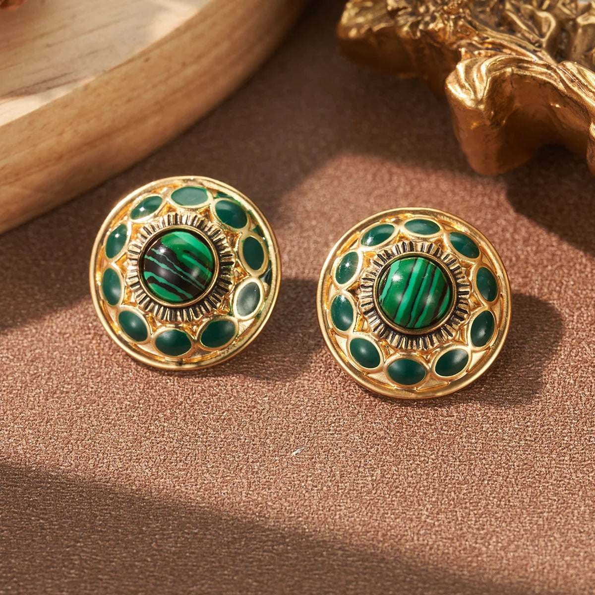 Classic Malachite Green Enamel Circle Stud Earrings18K Gold Plated Vintage Design Women's Jewelry for Daily Party Holiday