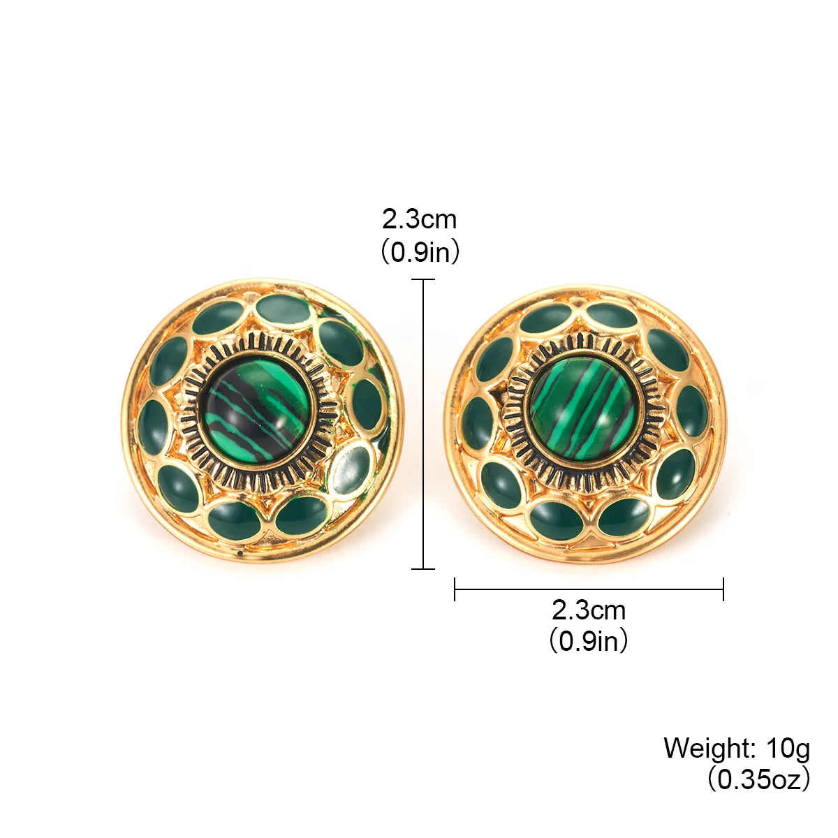 Classic Malachite Green Enamel Circle Stud Earrings18K Gold Plated Vintage Design Women's Jewelry for Daily Party Holiday