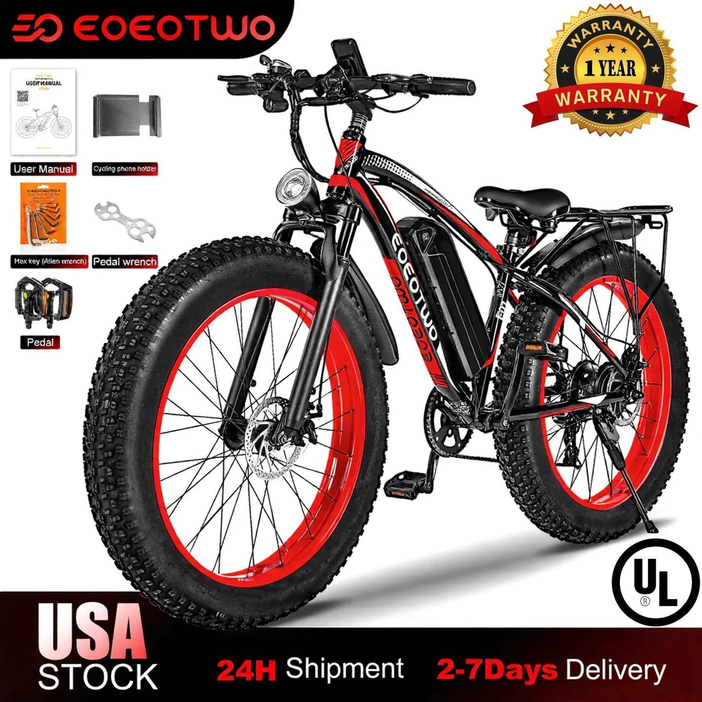 EOEOTWO E01 Electric Bike for Adults 1500W Peak Motor 26" Fat Tire Ebike 34MPH 60Miles Range UL2849 Certified Mountain Bicycle