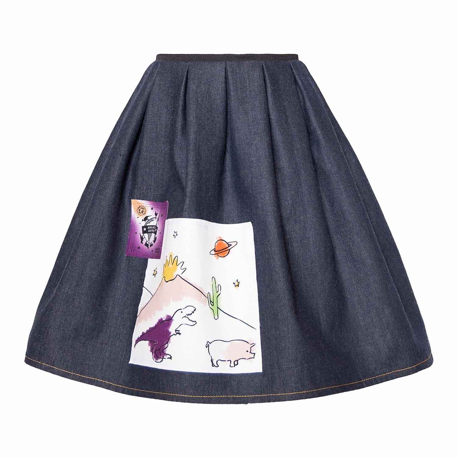 Blue Denim Skirt with Appliqué