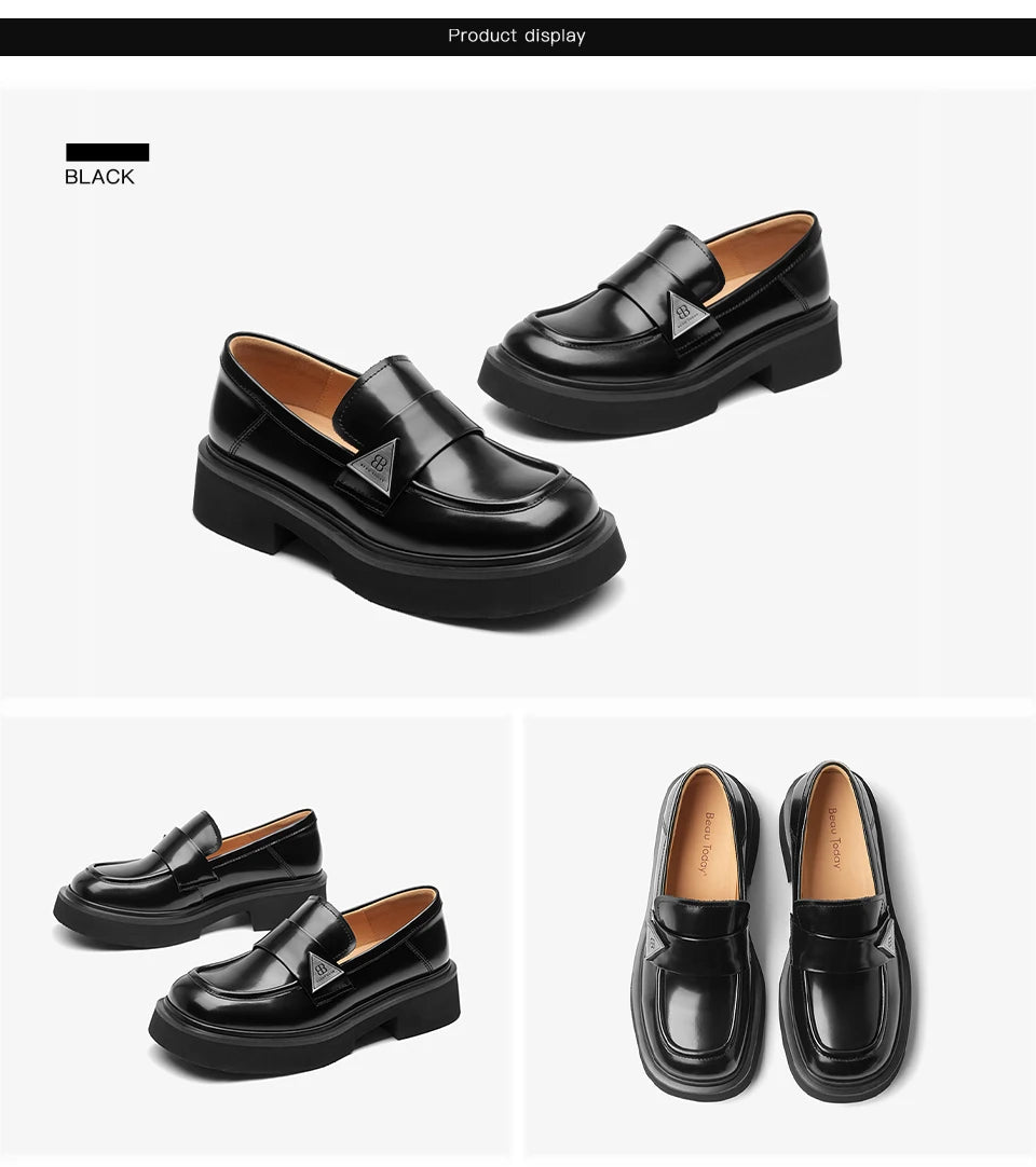 BEAUTODAY Moccasin Loafers Women Cow Leather Platfrom Flats Round Toe Sliver Metal Buckle Ladies Thick Sole Shoes A26621