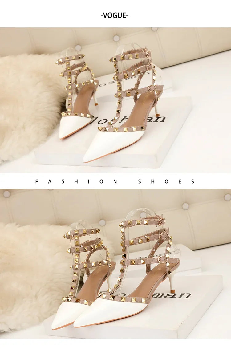 Designer Narrow Band Buckle Strap Pumps Women Sexy Pointed Toe Thin Heels Wedding Banquet Dress Mule Ladies Shoes Zapatos Mujer