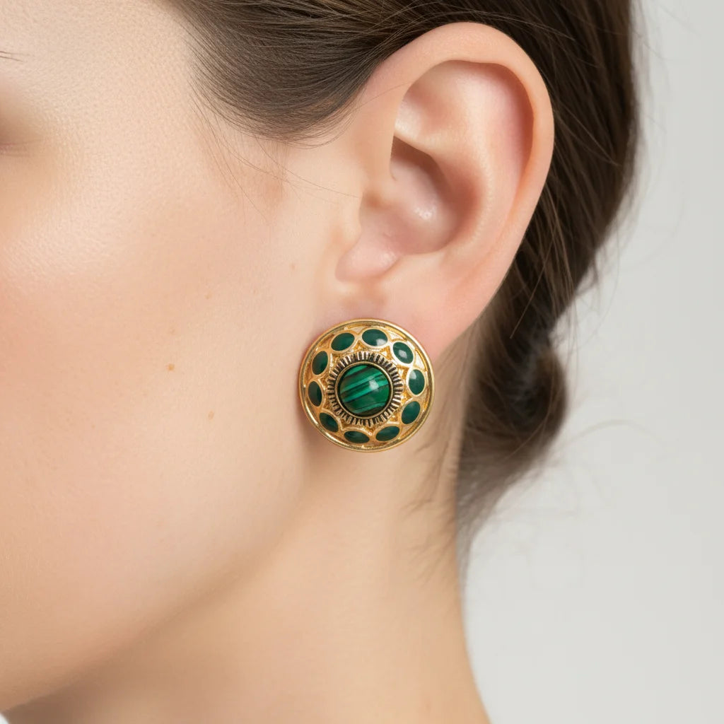 Classic Malachite Green Enamel Circle Stud Earrings18K Gold Plated Vintage Design Women's Jewelry for Daily Party Holiday