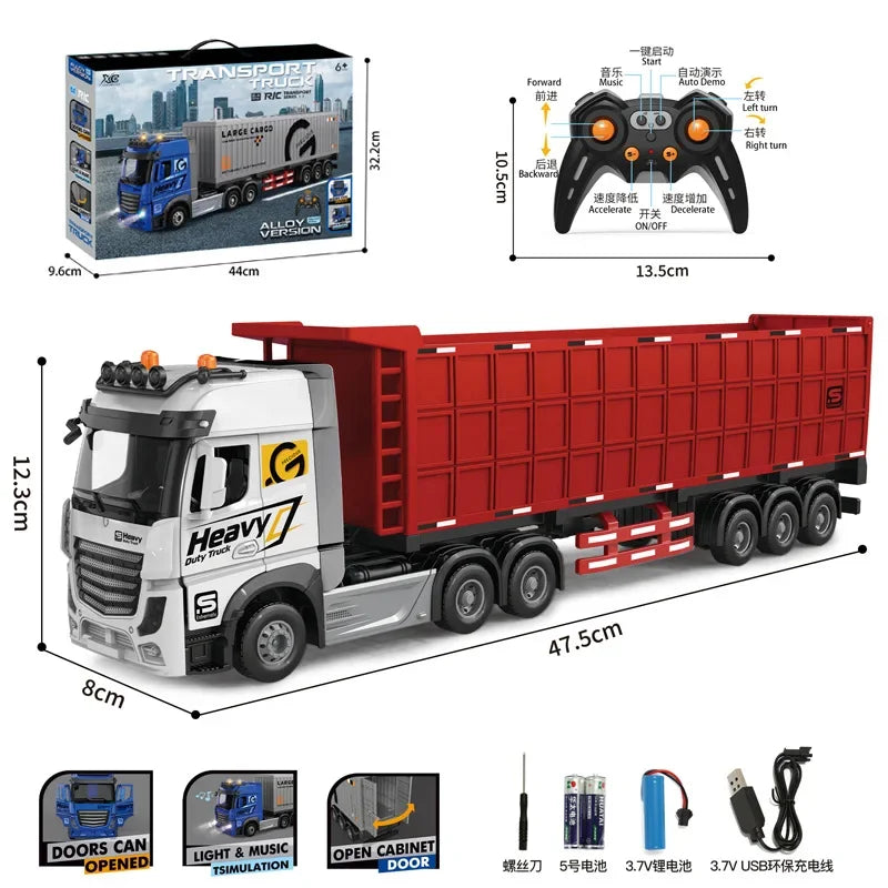 RC Car Big Remote Control Oil Tank Truck 9CH Alloy Electronic Simulation Trailer LED Music RC Container Truck Rechargeable Toy