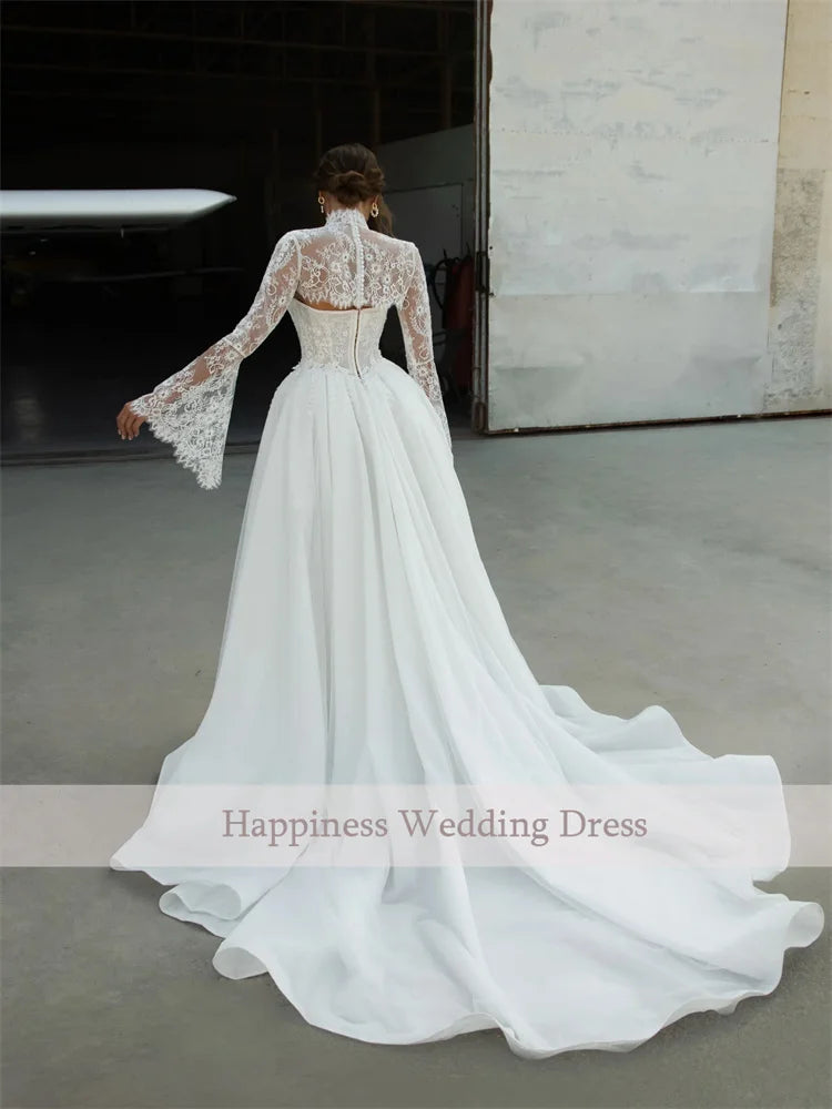 Customized Satin A-Line Wedding Dress with Shawl Sleeves And Sweep Train Floor Length Back Zipper Sweetheart Neckline for Bride