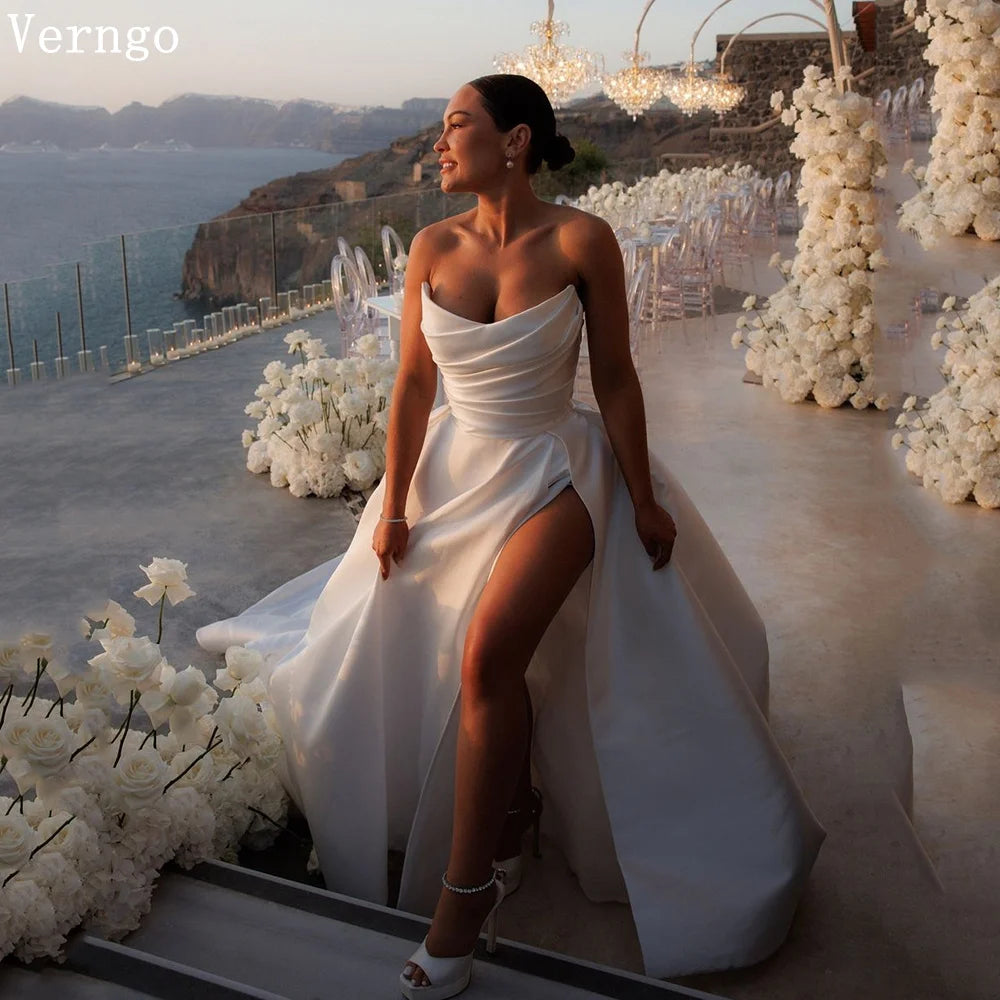 Verngo Satin Soft Chic Wedding Dresse HIgh Split Vestido De Noiva Pleats Bridal Gowns Women Vestido De Noiva A-Line Wedding Gown