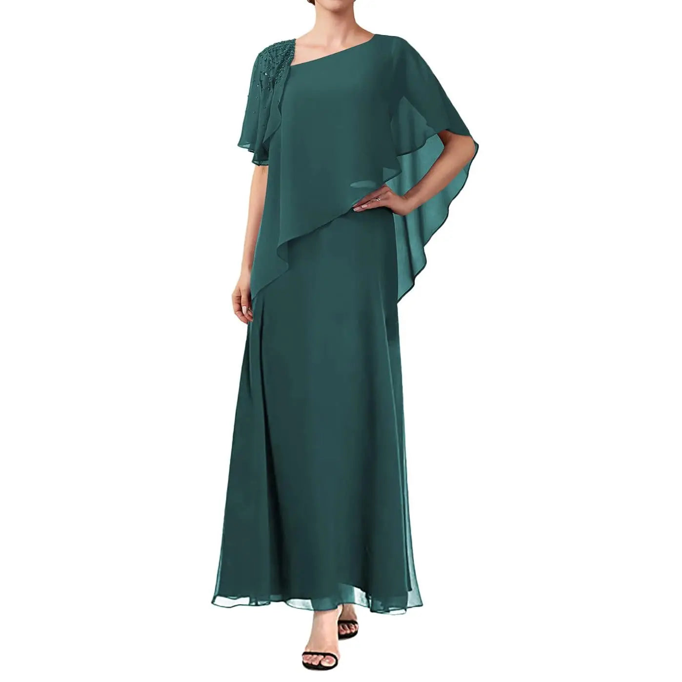 Mother of The Bride Dresses Overlay Cape Chiffon Formal Evening Gowns Long Mother of The Groom Dresses