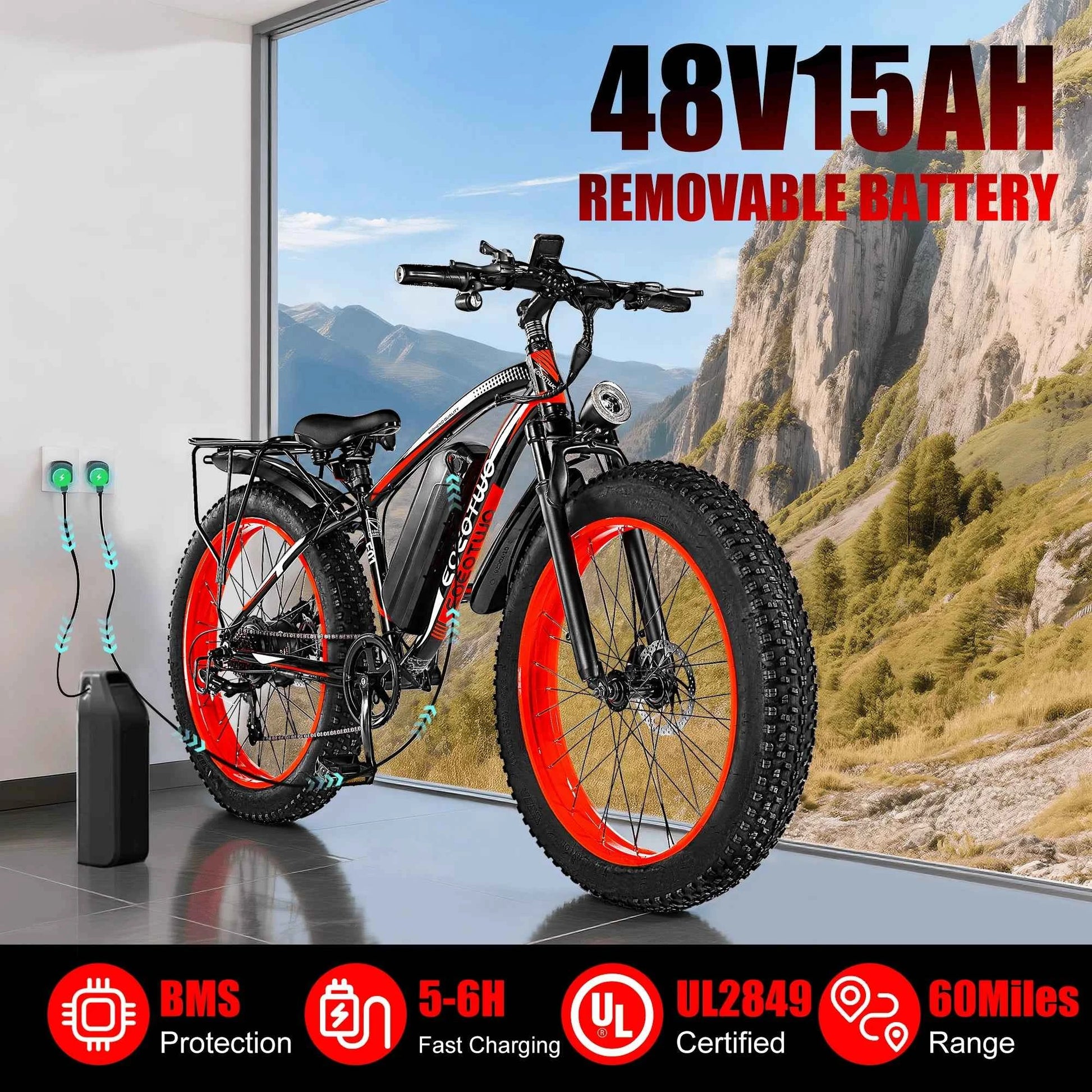 EOEOTWO E01 Electric Bike for Adults 1500W Peak Motor 26" Fat Tire Ebike 34MPH 60Miles Range UL2849 Certified Mountain Bicycle