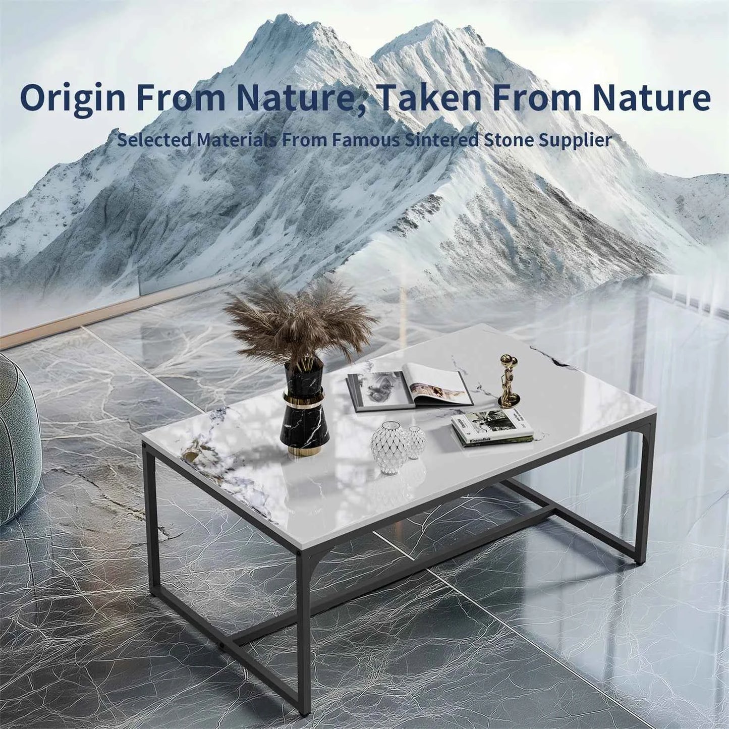 Tavolino da caffè rettangolare con texture di pittura a inchiostro, divano moderno ed elegante, tavolo centrale con piano in pietra sinterizzata, struttura in alluminio