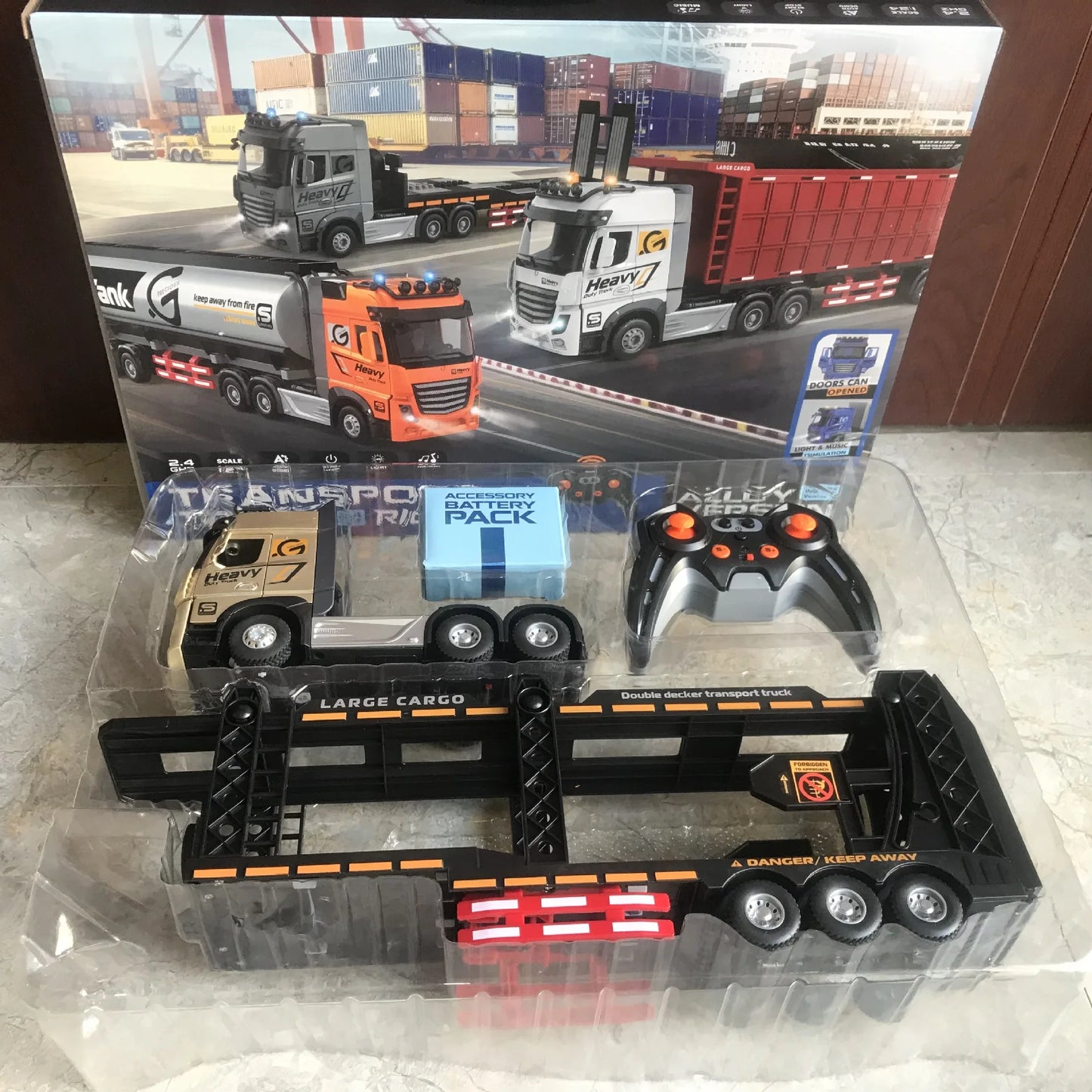RC Car Big Remote Control Oil Tank Truck 9CH Alloy Electronic Simulation Trailer LED Music RC Container Truck Rechargeable Toy