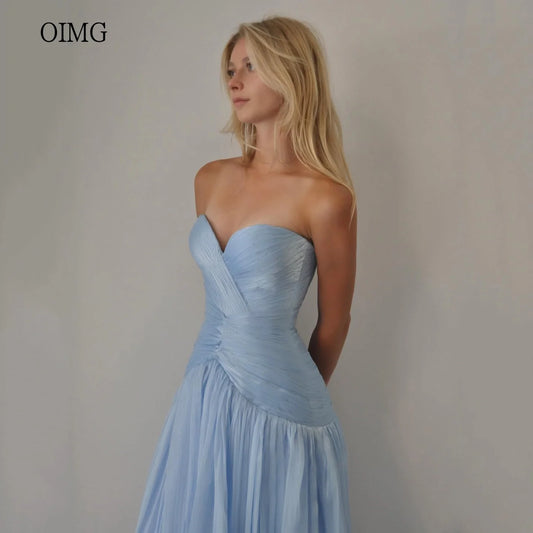 OIMG Sky Blue Sweetheart Neck A Line Prom Gowns Backless Pleated Formal Party Gown Floor Length Evening Dress Customized