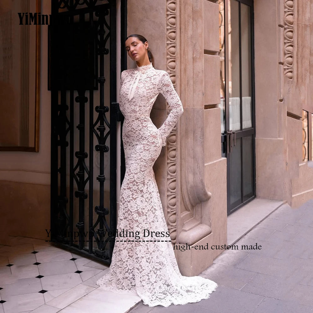lvory Lace Wedding Dress Long Sleeve Mermaid Backless Sexy Bridal Gowns High Neck Applique Sweep Train Bride Dresses Customized
