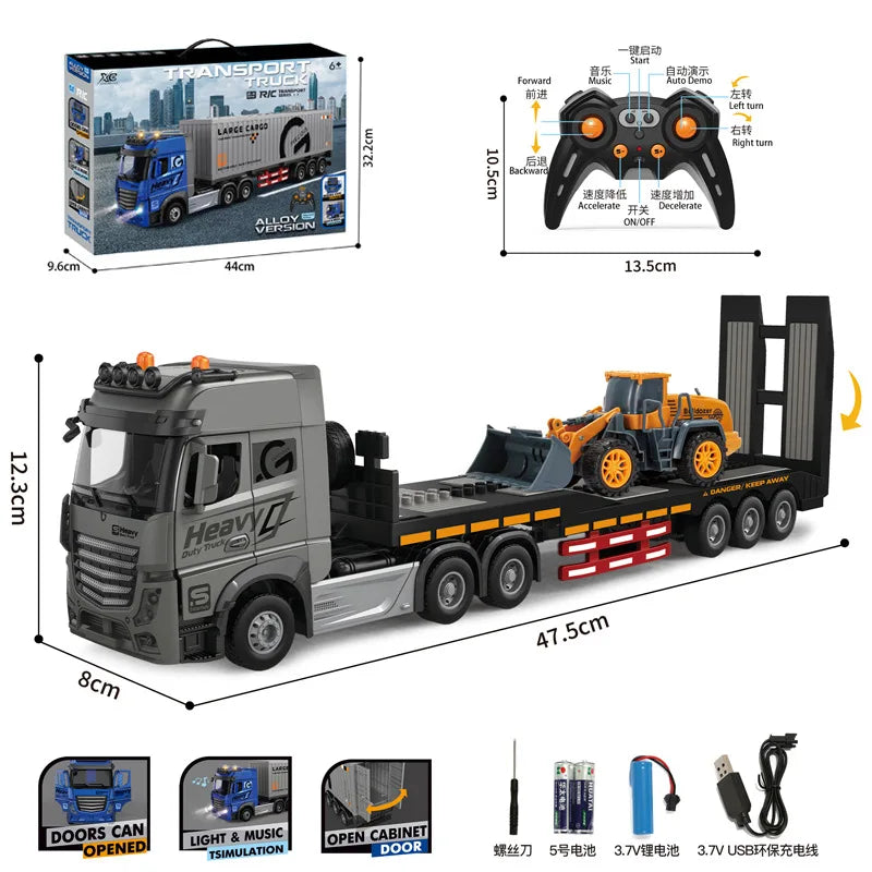 RC Car Big Remote Control Oil Tank Truck 9CH Alloy Electronic Simulation Trailer LED Music RC Container Truck Rechargeable Toy