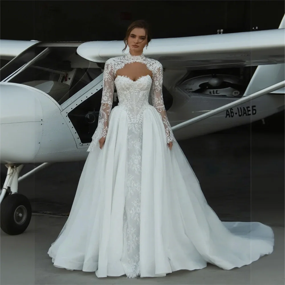 Customized Satin A-Line Wedding Dress with Shawl Sleeves And Sweep Train Floor Length Back Zipper Sweetheart Neckline for Bride