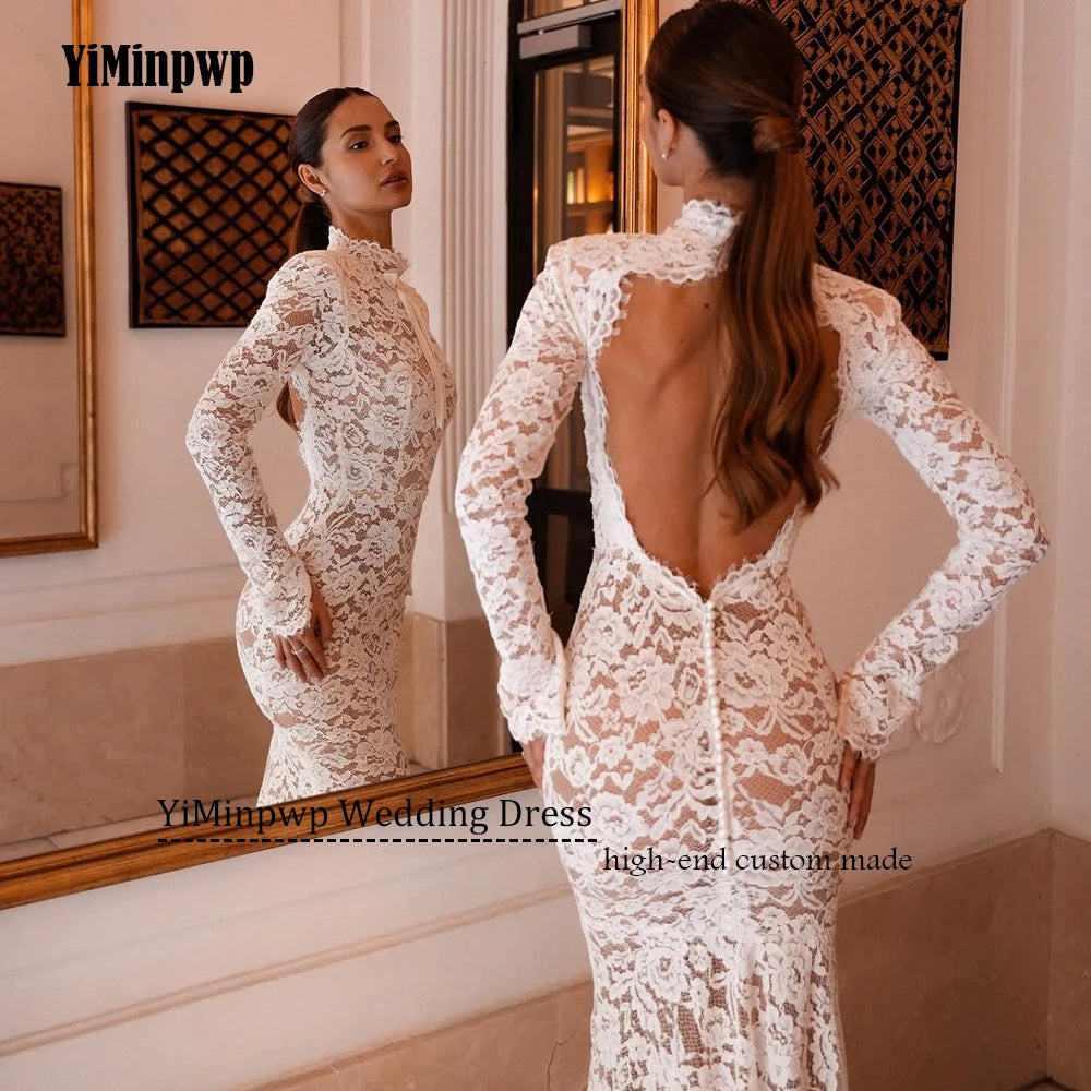 lvory Lace Wedding Dress Long Sleeve Mermaid Backless Sexy Bridal Gowns High Neck Applique Sweep Train Bride Dresses Customized