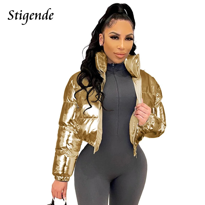 Stigende Shiny Cotton Padded Golden Coat Women Winter Warm Zipper Crop Top Jacket Patchwork Puffer Parka Outwear Veste Femme
