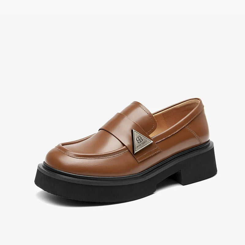 BEAUTODAY Moccasin Loafers Women Cow Leather Platfrom Flats Round Toe Sliver Metal Buckle Ladies Thick Sole Shoes A26621
