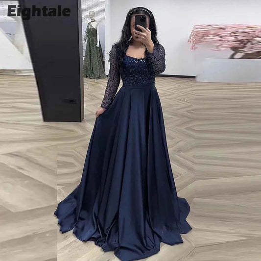 Eightale Abito da sera blu navy in raso maniche lunghe con paillettes Cintura personalizzata Abiti da ballo Abito per party di matrimonio Abiti da Noch