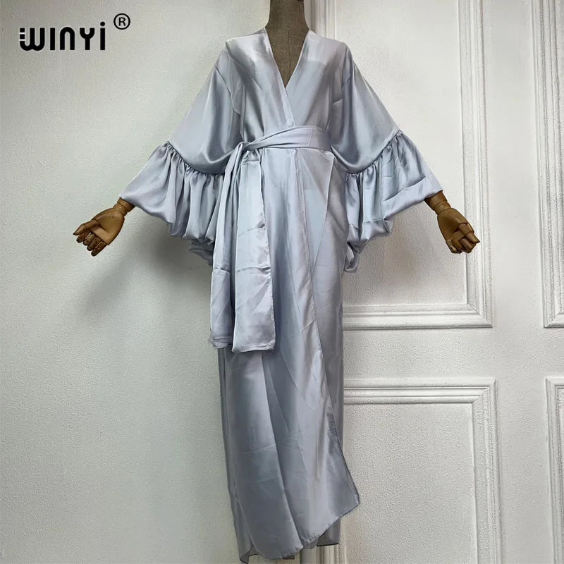 WINYI monocolour Self Belted silk dress Women Elegant Summer holiday Bubble sleeve cardigan beach Wear Swim Suit cover up kimono