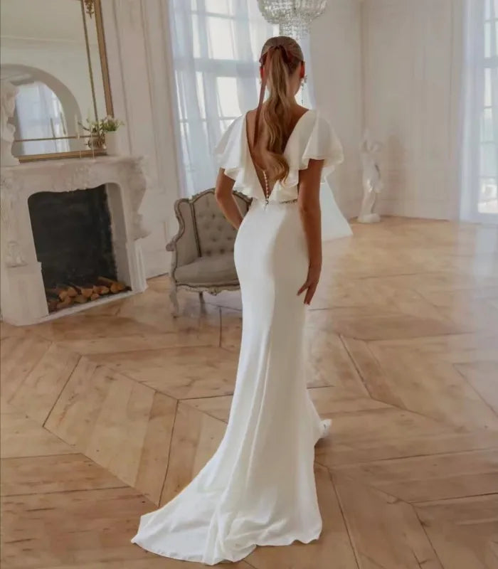 Elegant Chiffon Mermaid Wedding Dress 2026 Sexy Deep V Open Back Ruffled Sleeve Modern Women Bridal Dresses