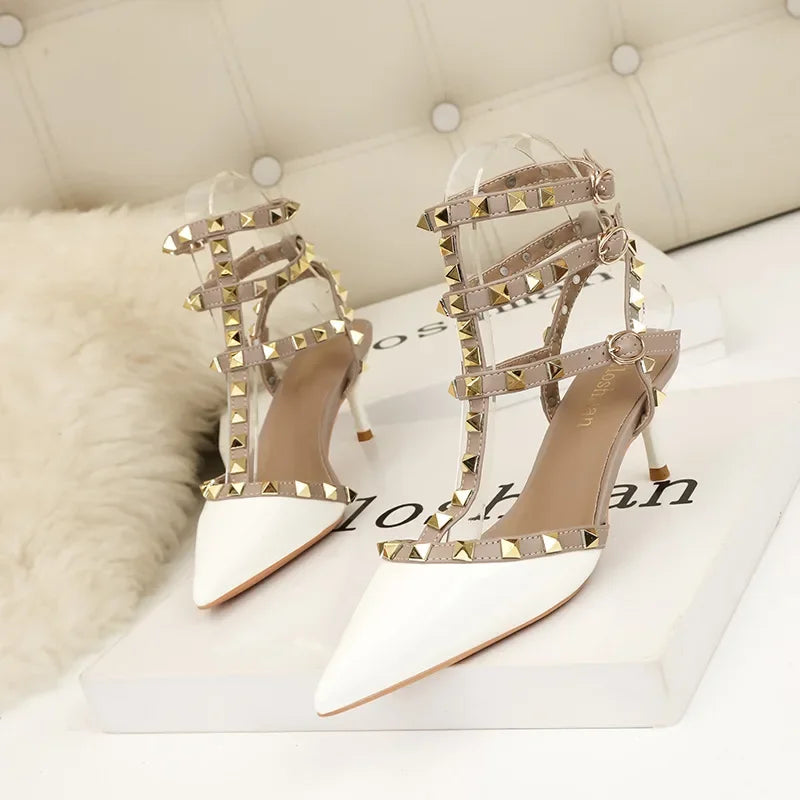 Designer Narrow Band Buckle Strap Pumps Women Sexy Pointed Toe Thin Heels Wedding Banquet Dress Mule Ladies Shoes Zapatos Mujer