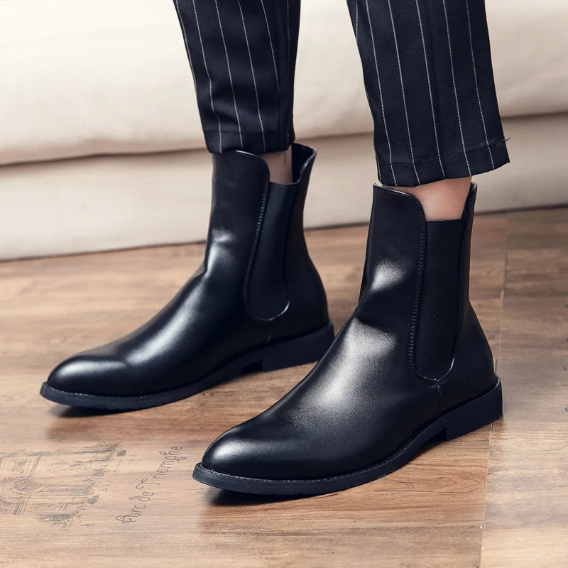 Luxury British Leather Pointed Toe Brand Chelsea Designer Boots Men Wedding Dress Formal Man Ankle Business Winter Elegant Shoes