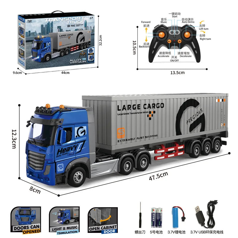 RC Car Big Remote Control Oil Tank Truck 9CH Alloy Electronic Simulation Trailer LED Music RC Container Truck Rechargeable Toy
