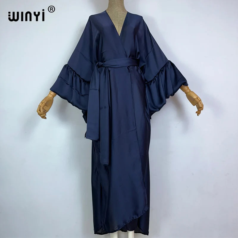 WINYI monocolour Self Belted silk dress Women Elegant Summer holiday Bubble sleeve cardigan beach Wear Swim Suit cover up kimono