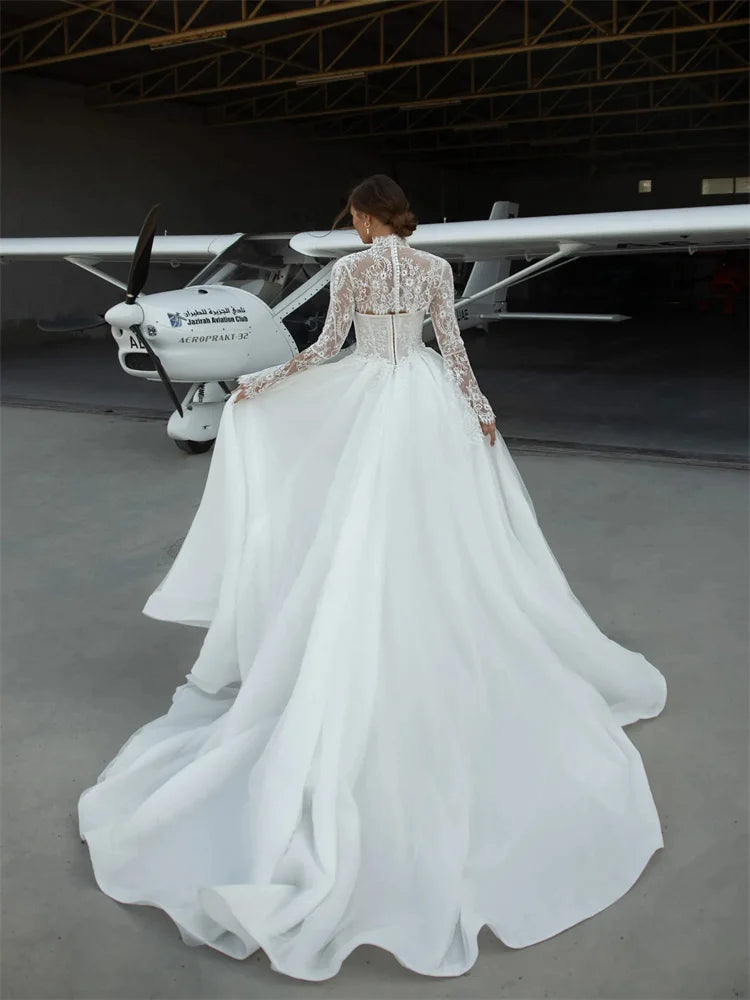 Customized Satin A-Line Wedding Dress with Shawl Sleeves And Sweep Train Floor Length Back Zipper Sweetheart Neckline for Bride