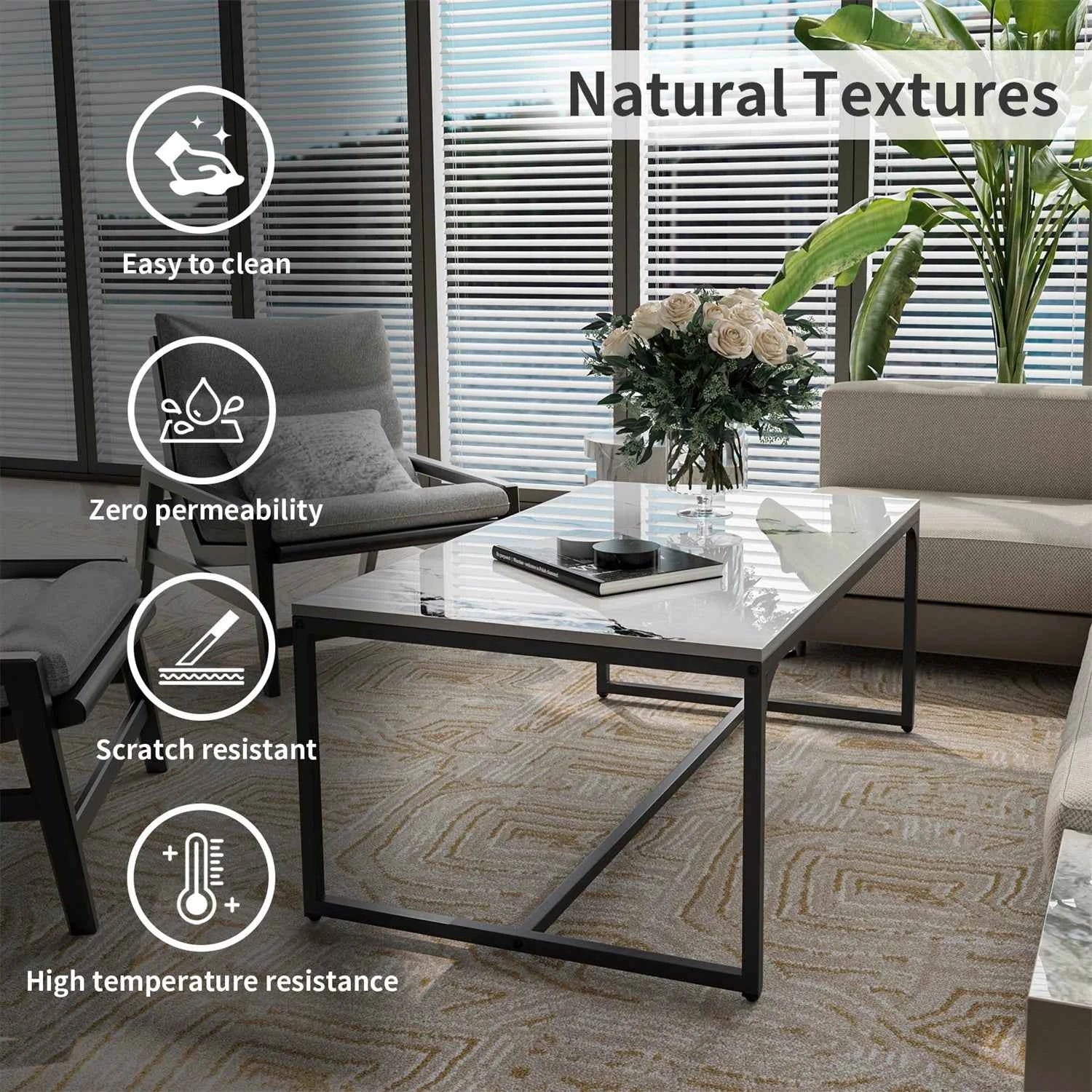 Tavolino da caffè rettangolare con texture di pittura a inchiostro, divano moderno ed elegante, tavolo centrale con piano in pietra sinterizzata, struttura in alluminio