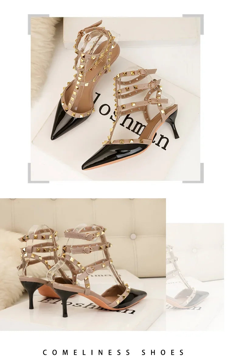 Designer Narrow Band Buckle Strap Pumps Women Sexy Pointed Toe Thin Heels Wedding Banquet Dress Mule Ladies Shoes Zapatos Mujer