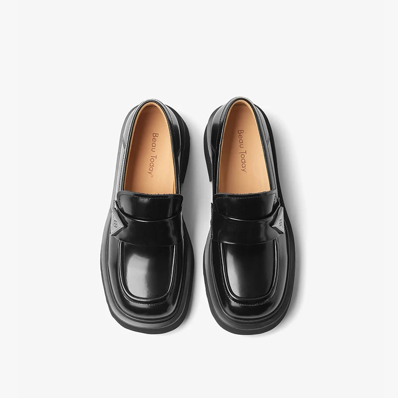 BEAUTODAY Moccasin Loafers Women Cow Leather Platfrom Flats Round Toe Sliver Metal Buckle Ladies Thick Sole Shoes A26621