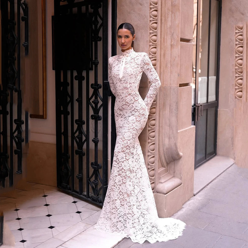 lvory Lace Wedding Dress Long Sleeve Mermaid Backless Sexy Bridal Gowns High Neck Applique Sweep Train Bride Dresses Customized