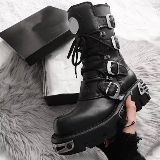 men's luxury fashion high motorcycle boots designer platform shoes cowboy natural leather boot heavy metal cosplay long botas