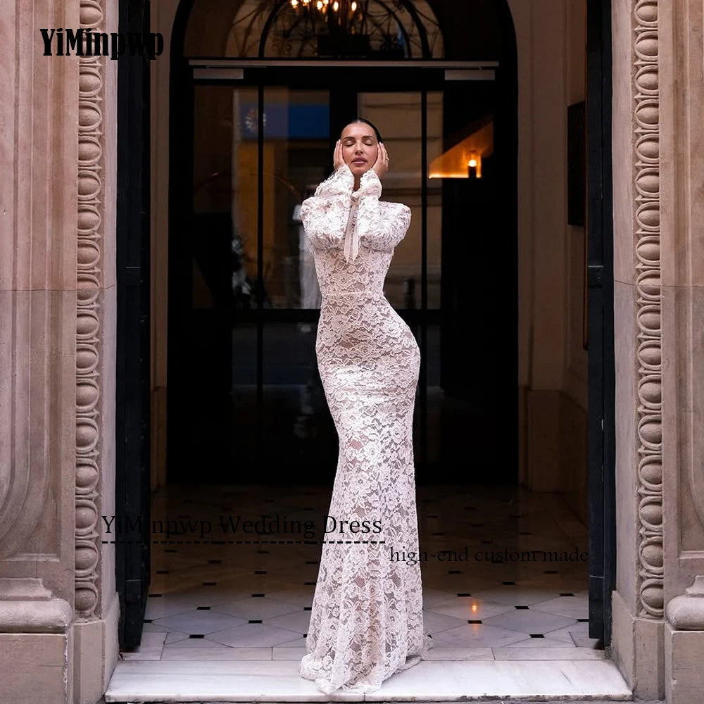 lvory Lace Wedding Dress Long Sleeve Mermaid Backless Sexy Bridal Gowns High Neck Applique Sweep Train Bride Dresses Customized