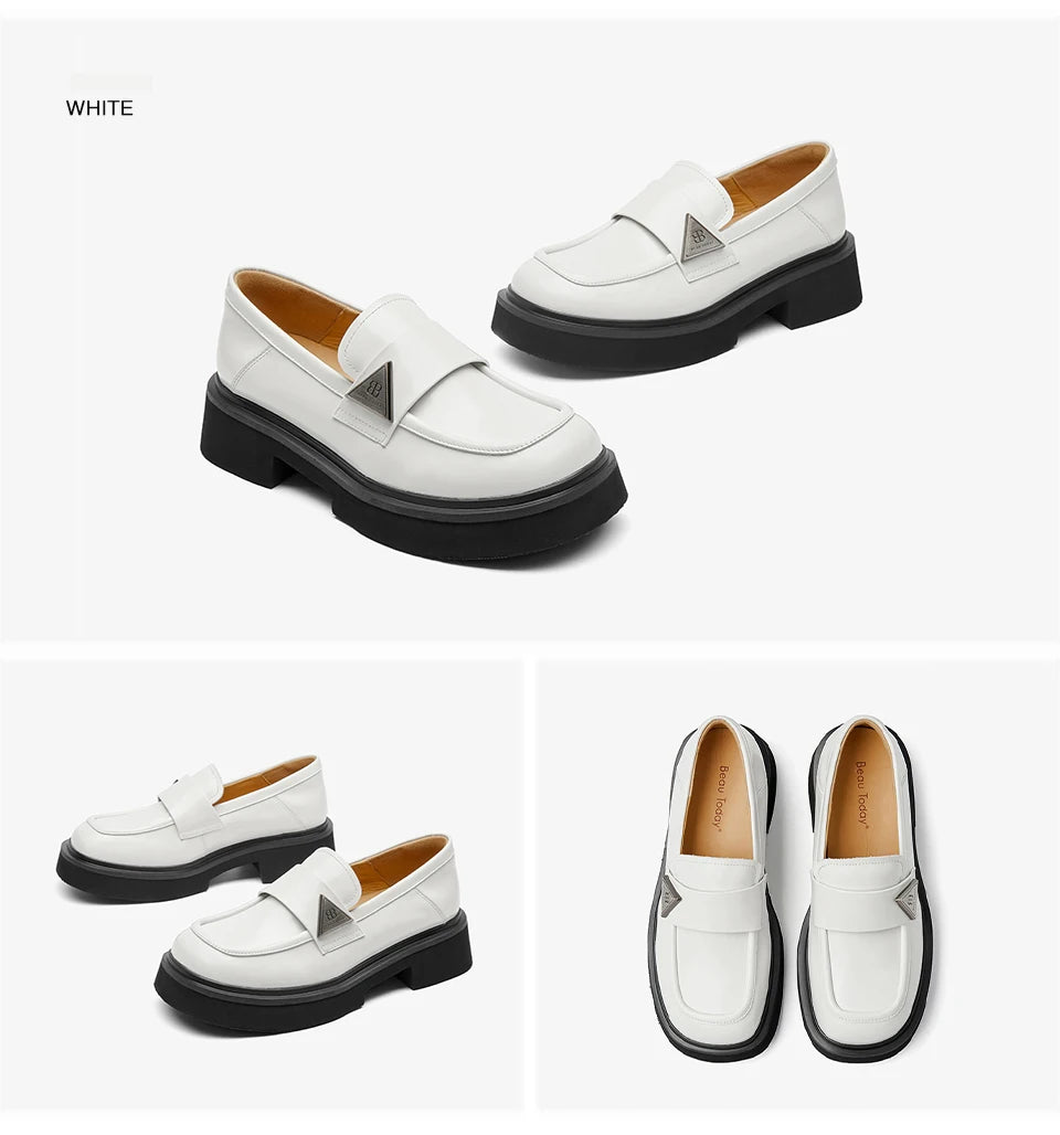 BEAUTODAY Moccasin Loafers Women Cow Leather Platfrom Flats Round Toe Sliver Metal Buckle Ladies Thick Sole Shoes A26621