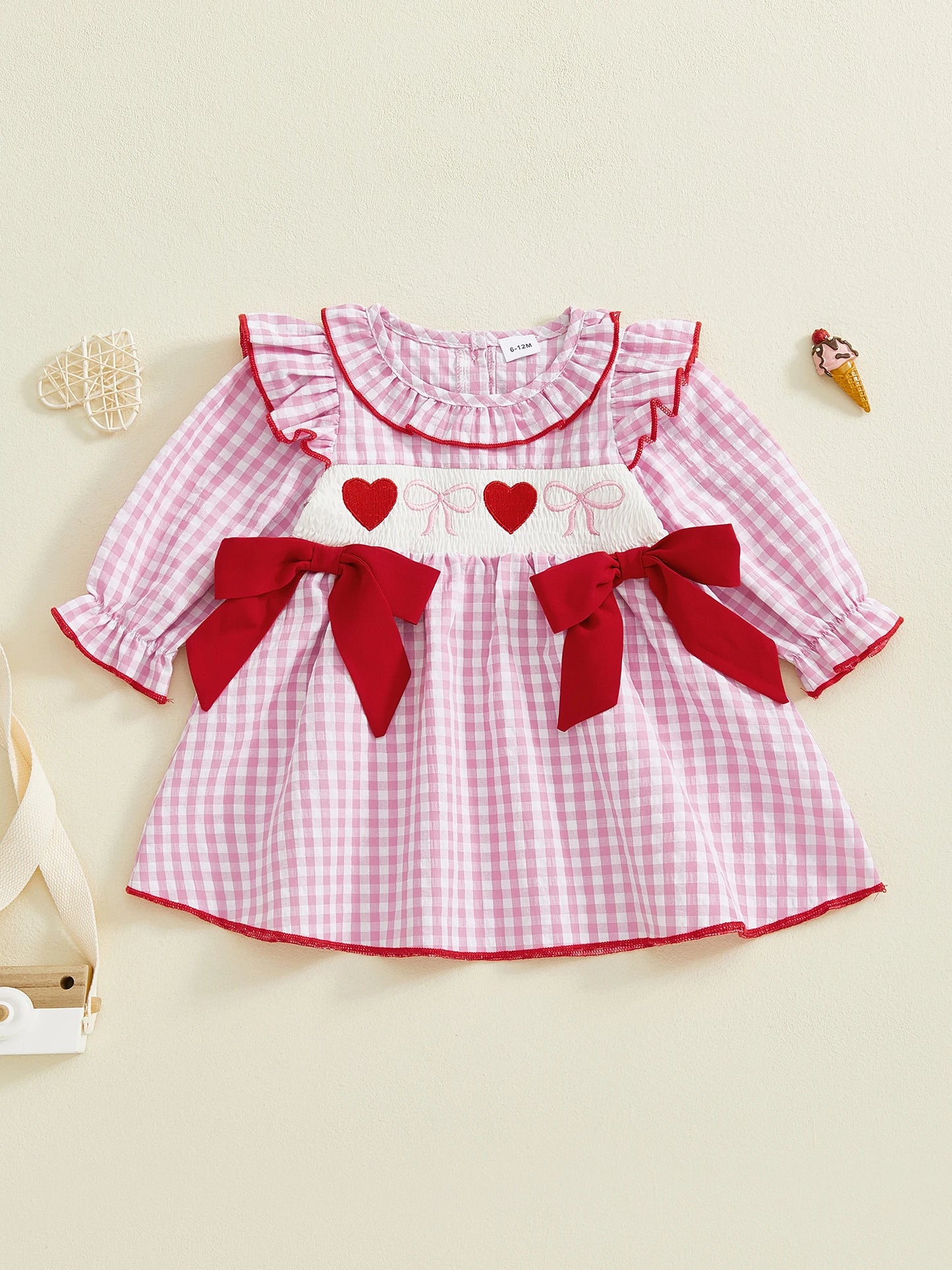 Toddler Girls Valentine s Day Dress Heart Bow Embroidery Long Sleeve Ruffled Round Neck Plaid Dress