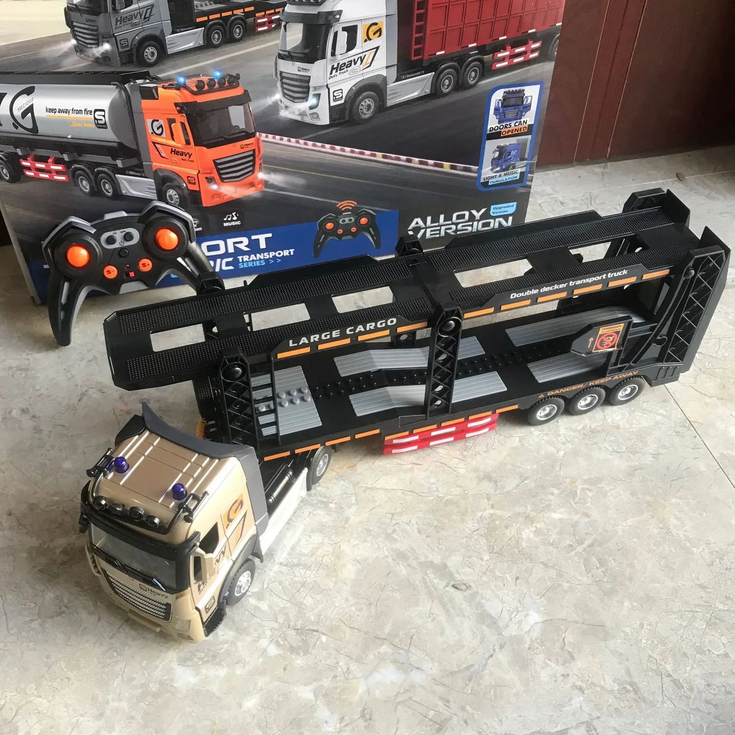 RC Car Big Remote Control Oil Tank Truck 9CH Alloy Electronic Simulation Trailer LED Music RC Container Truck Rechargeable Toy