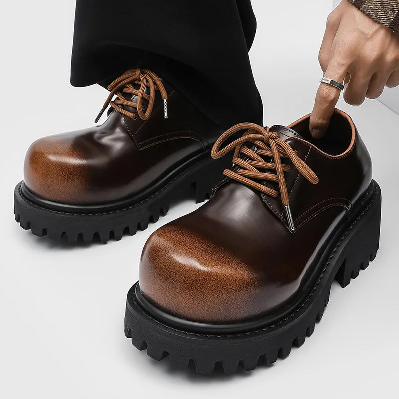 Retro Thick Bottom Heightening Derby Men's Autumn Large Head Work Boot Low Help Yellow Boots Casual Shoes Breathable Synthetic