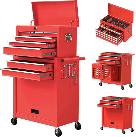 8-Drawer Rolling Tool Chest, High Capacity Removable Tool Storage Cabinet, Detachable Toolbox with Lock