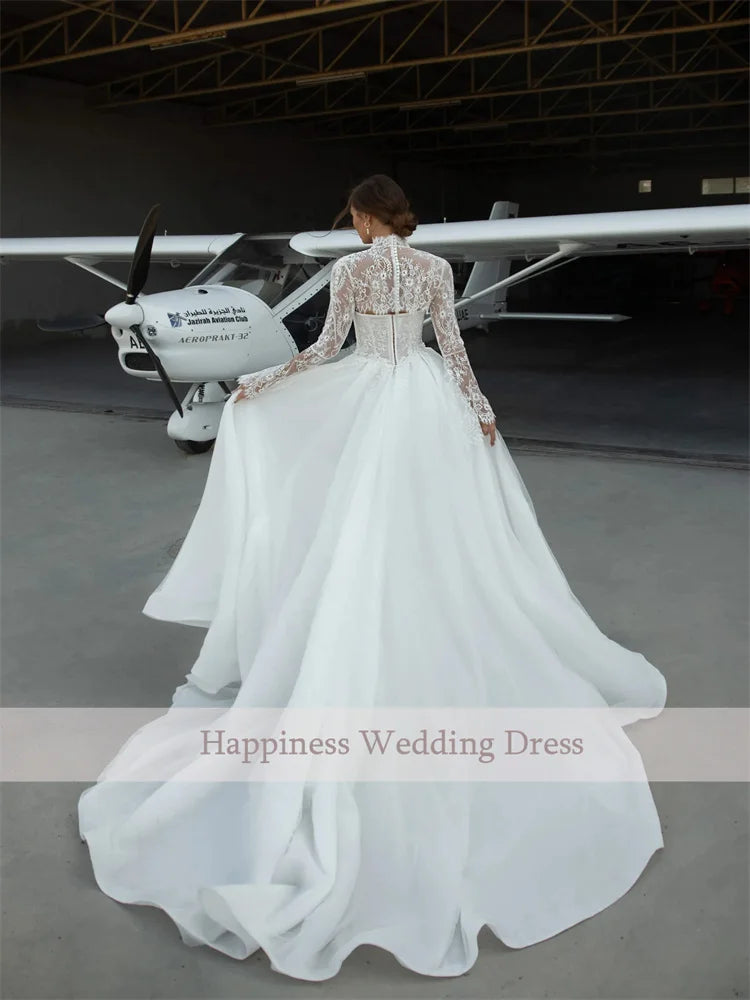 Customized Satin A-Line Wedding Dress with Shawl Sleeves And Sweep Train Floor Length Back Zipper Sweetheart Neckline for Bride